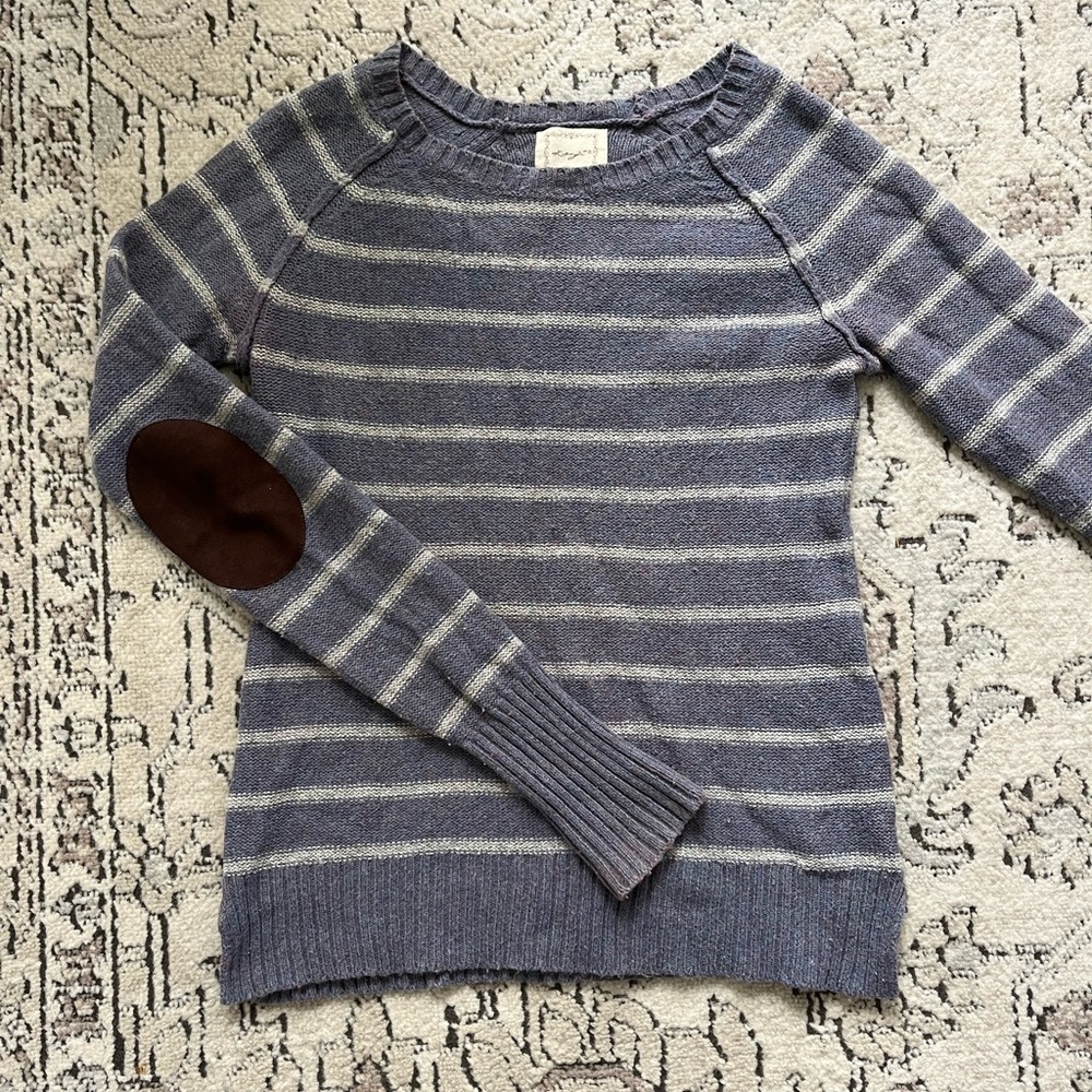 Kenzie Purple Heather Striped Wool Blend Sweater with Brown Elbow Patches XS